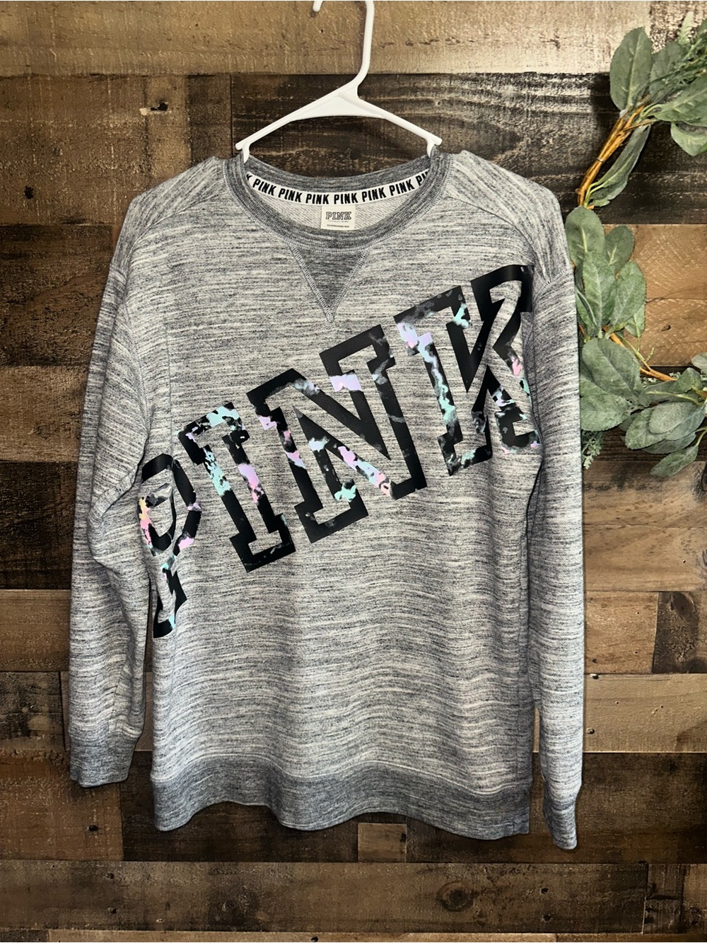 Victorias Secret Floral PINK Logo Pullover oversized XS Gray Crew Neck